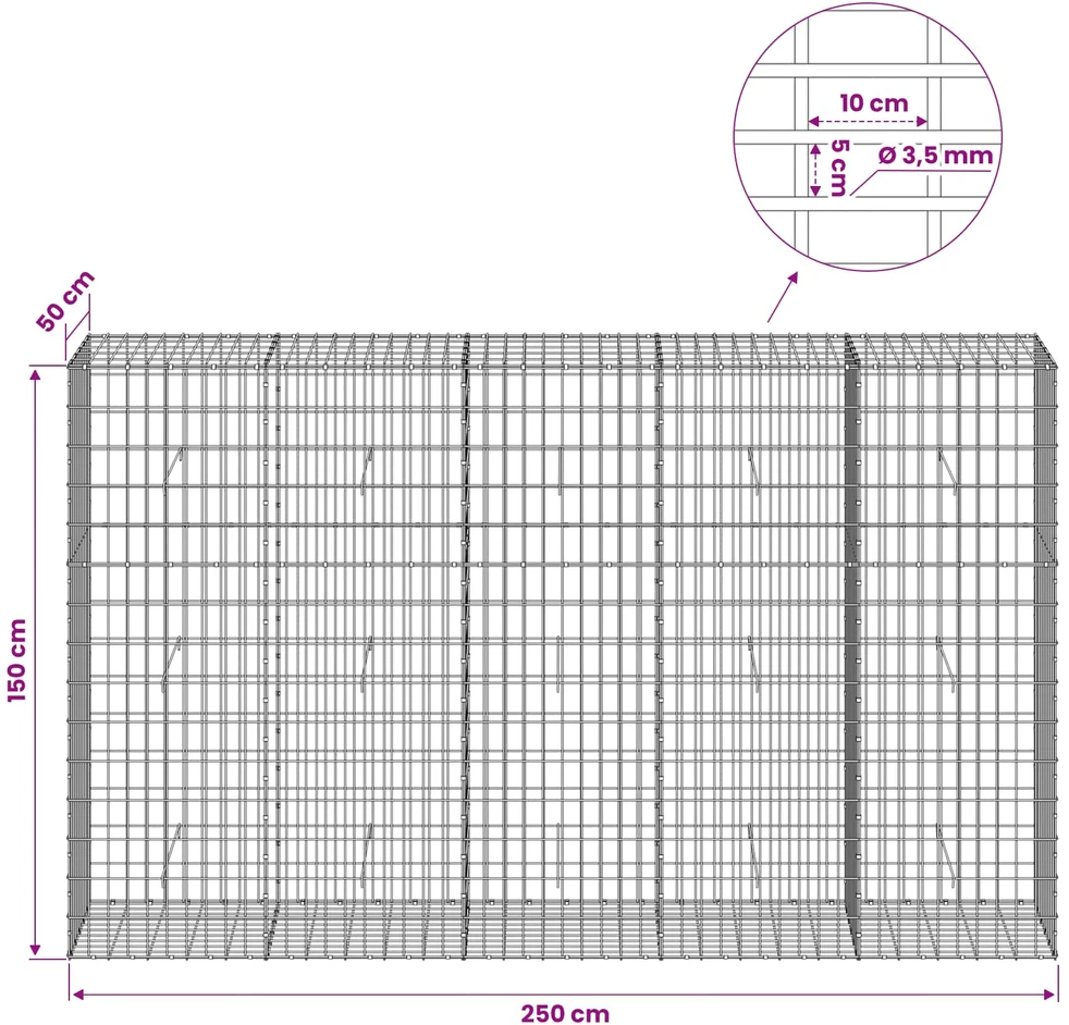 Gabionas su 3,5 mm viela ir 5x10 cm tinkleliu 250x50x150 cm