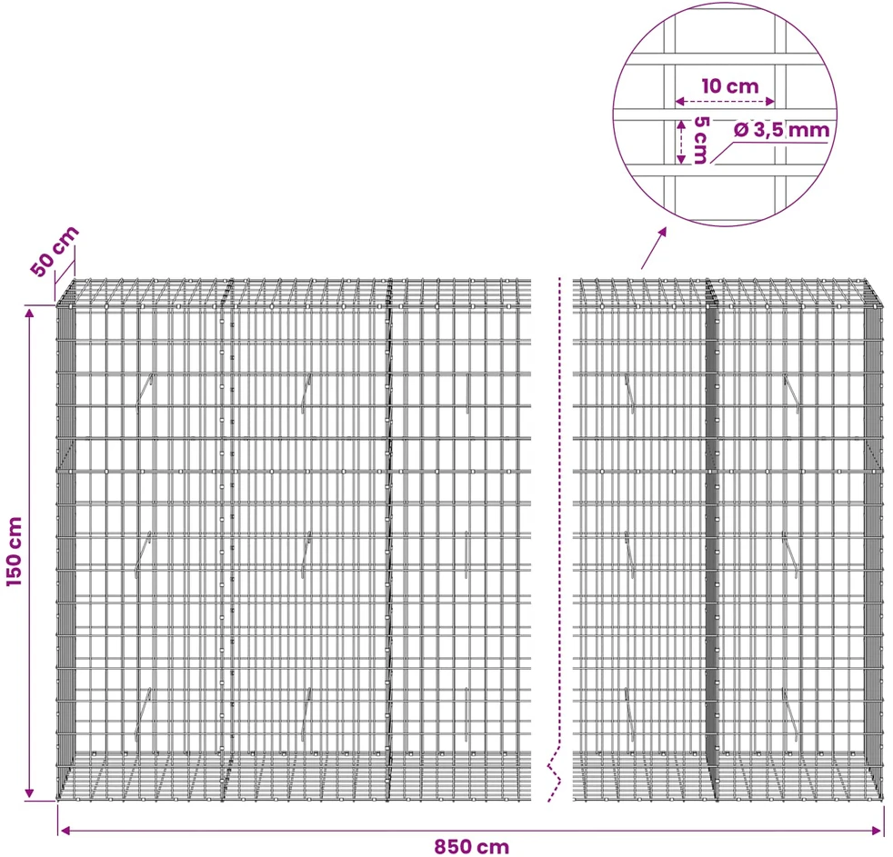 Gabionas su 3,5 mm viela ir 5x10 cm tinkleliu 850x50x150 cm