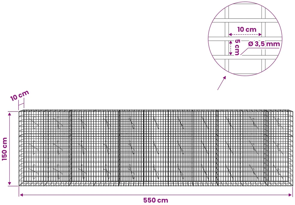 Gabionas su 3,5 mm viela ir 5x10 cm tinkleliu 550x10x150 cm