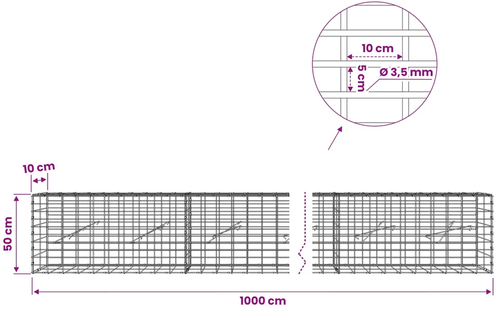 Gabionas su 3,5 mm viela ir 5x10 cm tinkleliu 1000x10x50 cm