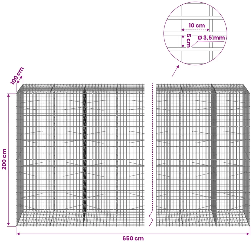 Gabionas su 3,5 mm viela ir 5x10 cm tinkleliu 650x100x200 cm