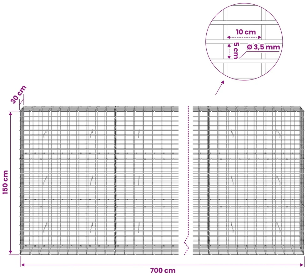 Gabionas su 3,5 mm viela ir 5x10 cm tinkleliu 700x30x150 cm