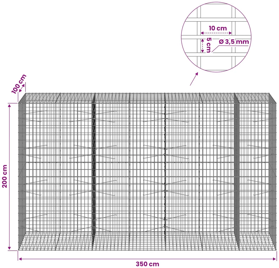 Gabionas su 3,5 mm viela ir 5x10 cm tinkleliu 350x100x200 cm