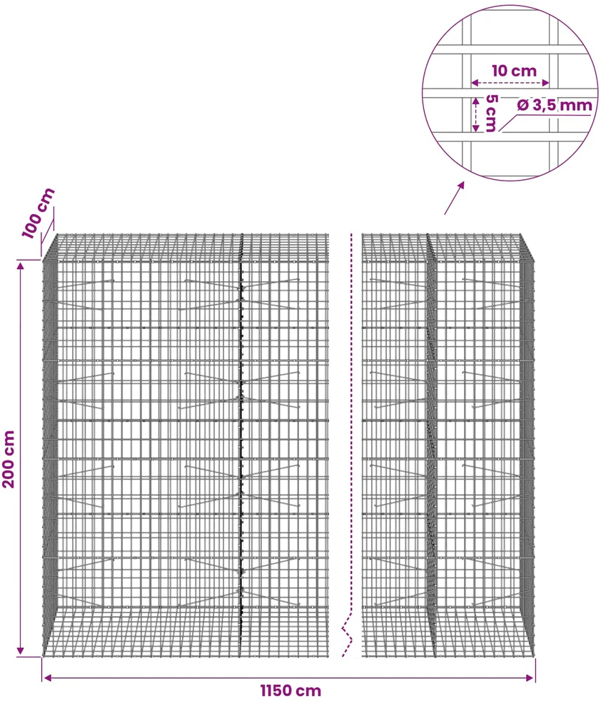 Gabionas su 3,5 mm viela ir 5x10 cm tinkleliu 1150x100x200 cm