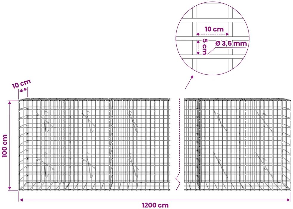 Gabionas su 3,5 mm viela ir 5x10 cm tinkleliu 1200x10x100 cm