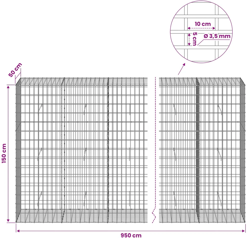 Gabionas su 3,5 mm viela ir 5x10 cm tinkleliu 950x50x150 cm