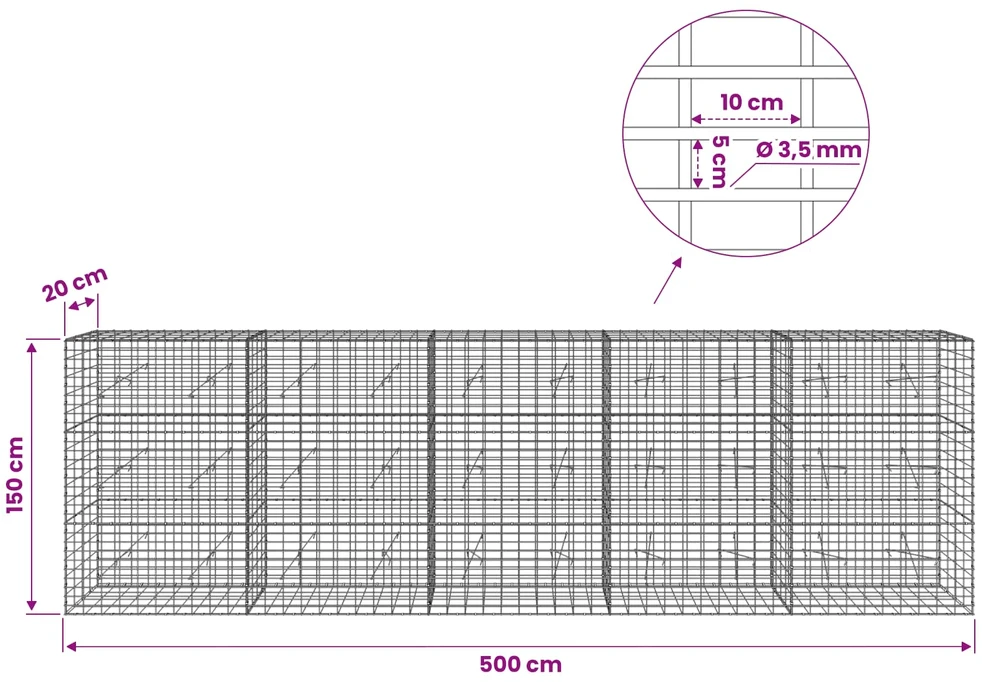 Gabionas su 3,5 mm viela ir 5x10 cm tinkleliu 500x20x150 cm