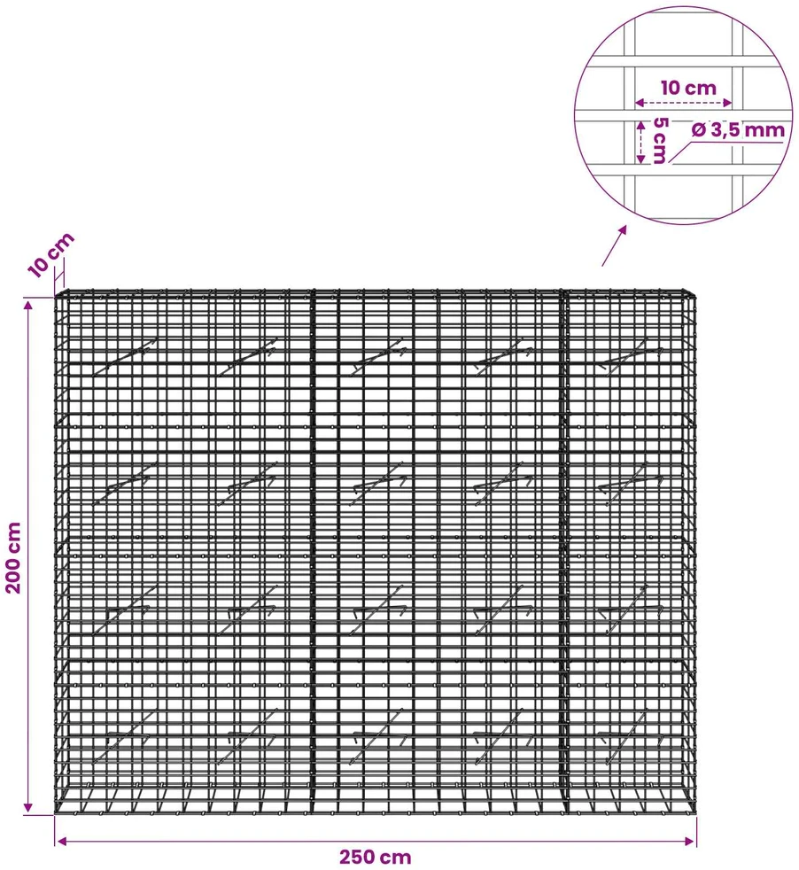 Gabionas su 3,5 mm viela ir 5x10 cm tinkleliu 250x10x200 cm