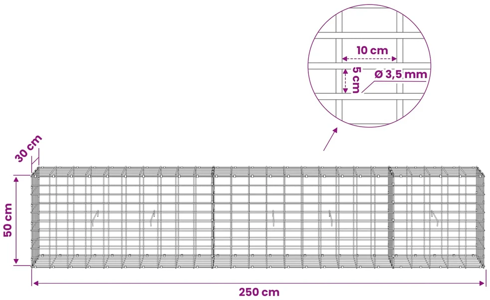 Gabionas su 3,5 mm viela ir 5x10 cm tinkleliu 250x30x50 cm