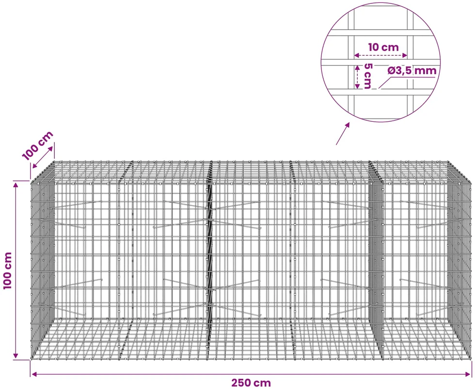 Gabionas su 3,5 mm viela ir 5x10 cm tinkleliu 250x100x100 cm