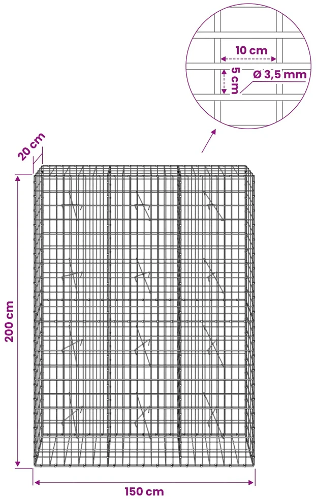 Gabionas su 3,5 mm viela ir 5x10 cm tinkleliu 150x20x200 cm