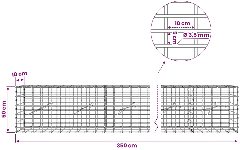 Gabionas su 3,5 mm viela ir 5x10 cm tinkleliu 350x10x50 cm