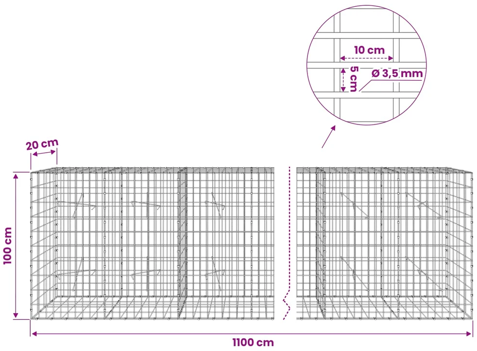 Gabionas su 3,5 mm viela ir 5x10 cm tinkleliu 1100x20x100 cm