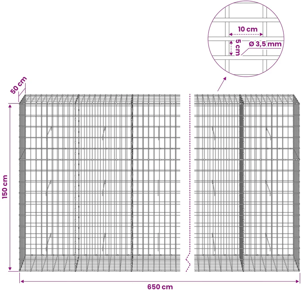 Gabionas su 3,5 mm viela ir 5x10 cm tinkleliu 650x50x150 cm