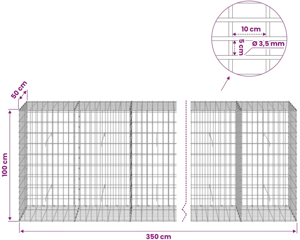 Gabionas su 3,5 mm viela ir 5x10 cm tinkleliu 350x50x100 cm