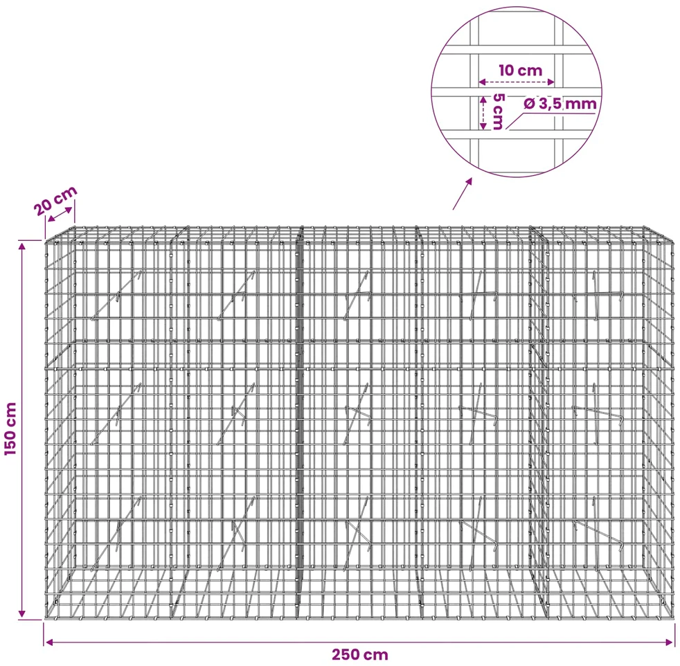 Gabionas su 3,5 mm viela ir 5x10 cm tinkleliu 250x20x150 cm