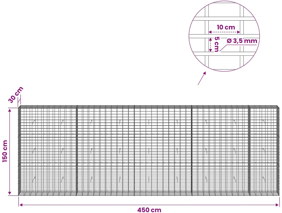 Gabionas su 3,5 mm viela ir 5x10 cm tinkleliu 450x30x150 cm