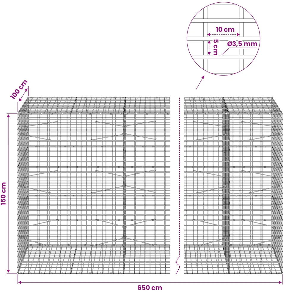 Gabionas su 3,5 mm viela ir 5x10 cm tinkleliu 650x100x150 cm