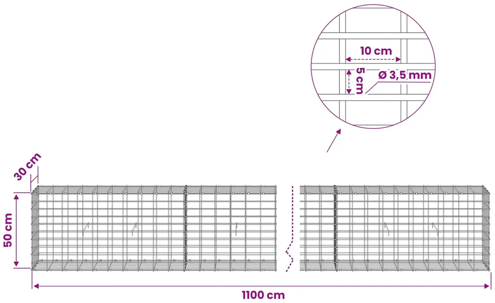 Gabionas su 3,5 mm viela ir 5x10 cm tinkleliu 1100x30x50 cm