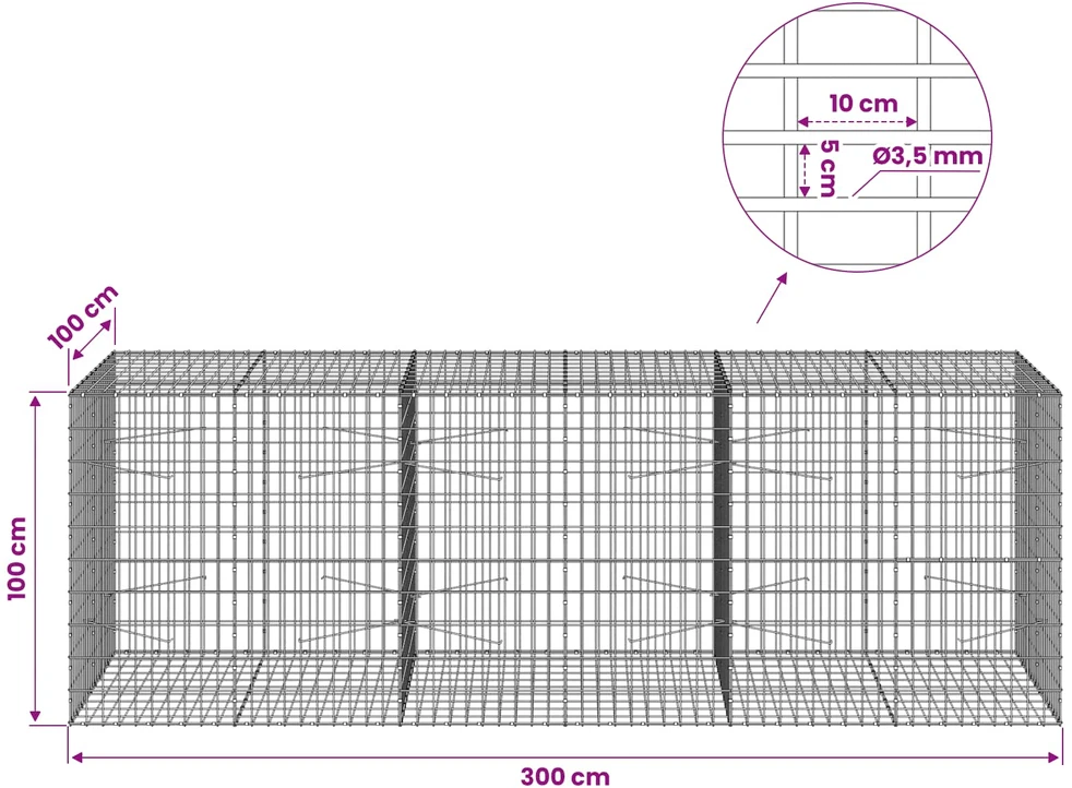 Gabionas su 3,5 mm viela ir 5x10 cm tinkleliu 300x100x100 cm