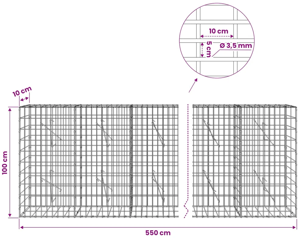Gabionas su 3,5 mm viela ir 5x10 cm tinkleliu 550x10x100 cm