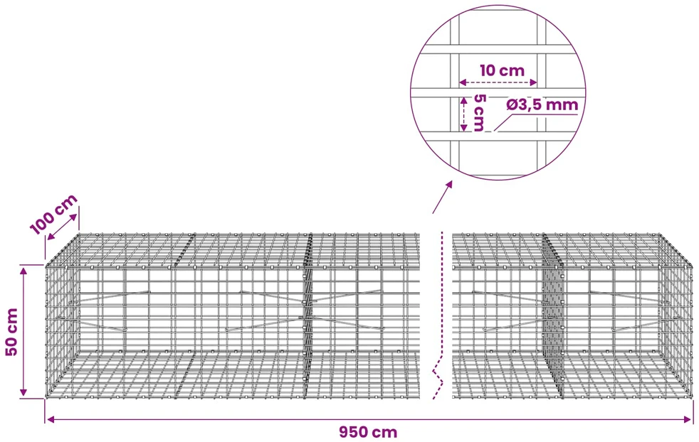 Gabionas su 3,5 mm viela ir 5x10 cm tinkleliu 950x100x50 cm