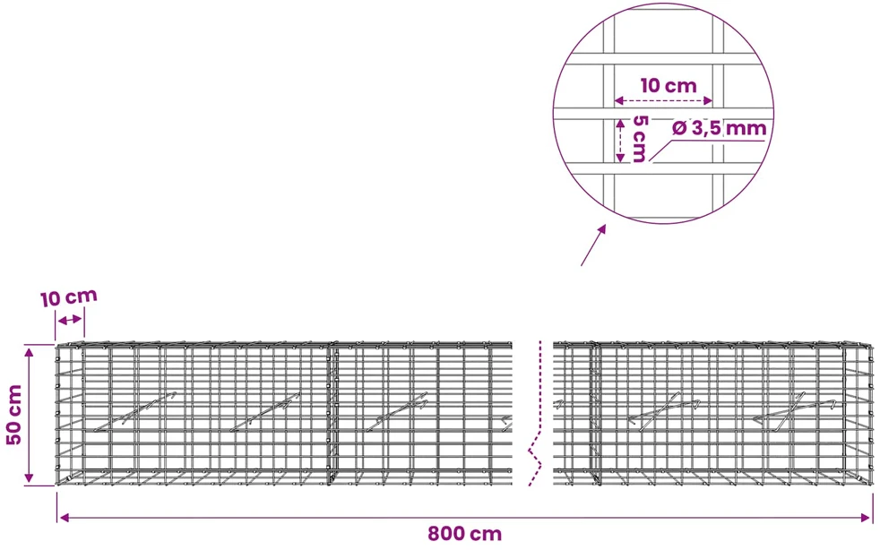 Gabionas su 3,5 mm viela ir 5x10 cm tinkleliu 800x10x50 cm