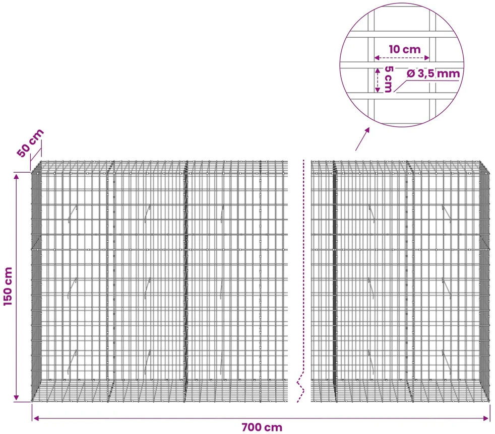 Gabionas su 3,5 mm viela ir 5x10 cm tinkleliu 700x50x150 cm