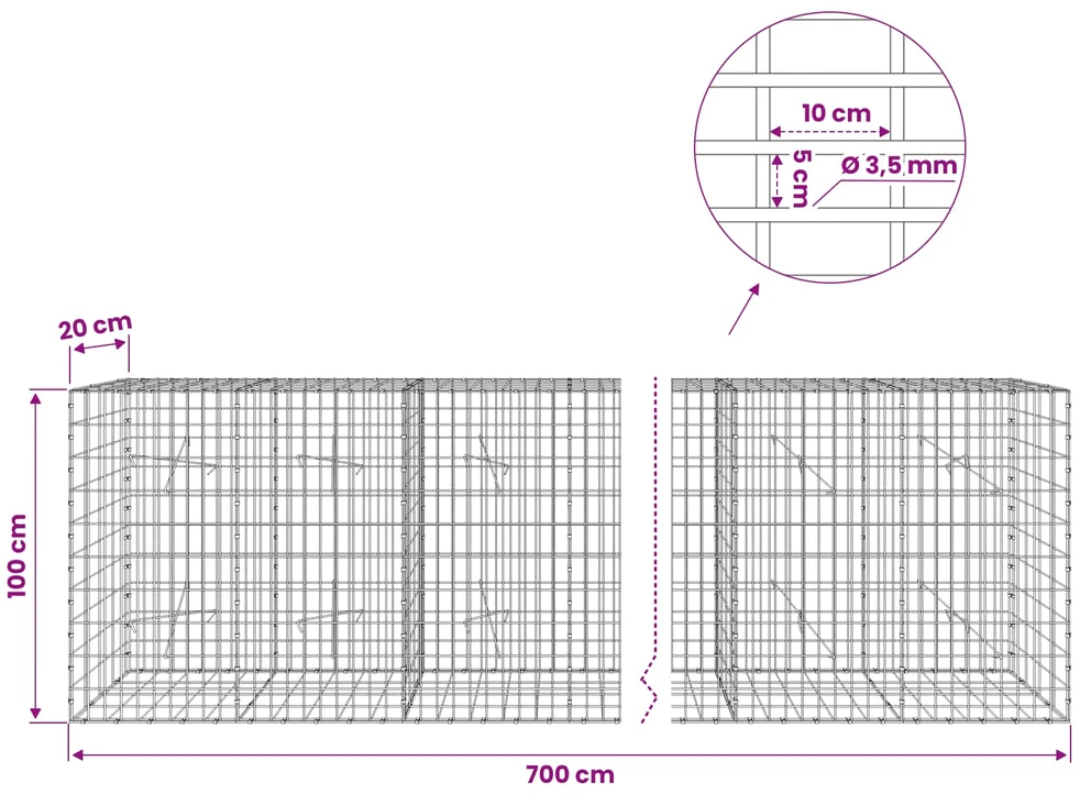 Gabionas su 3,5 mm viela ir 5x10 cm tinkleliu 700x20x100 cm