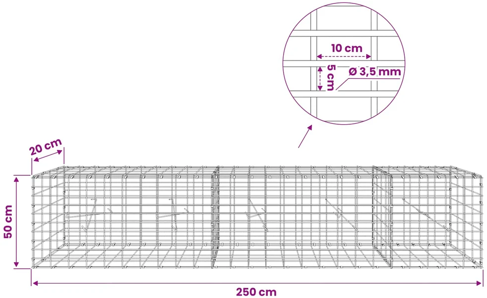 Gabionas su 3,5 mm viela ir 5x10 cm tinkleliu 250x20x50 cm