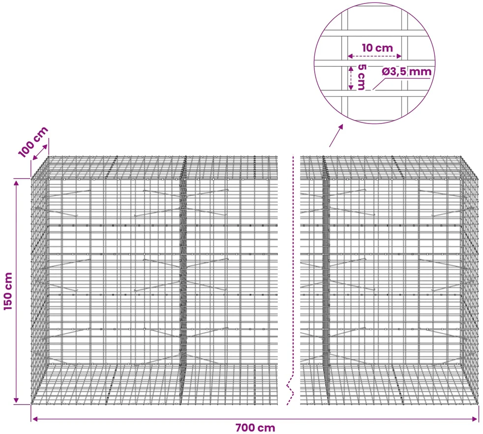 Gabionas su 3,5 mm viela ir 5x10 cm tinkleliu 700x100x150 cm
