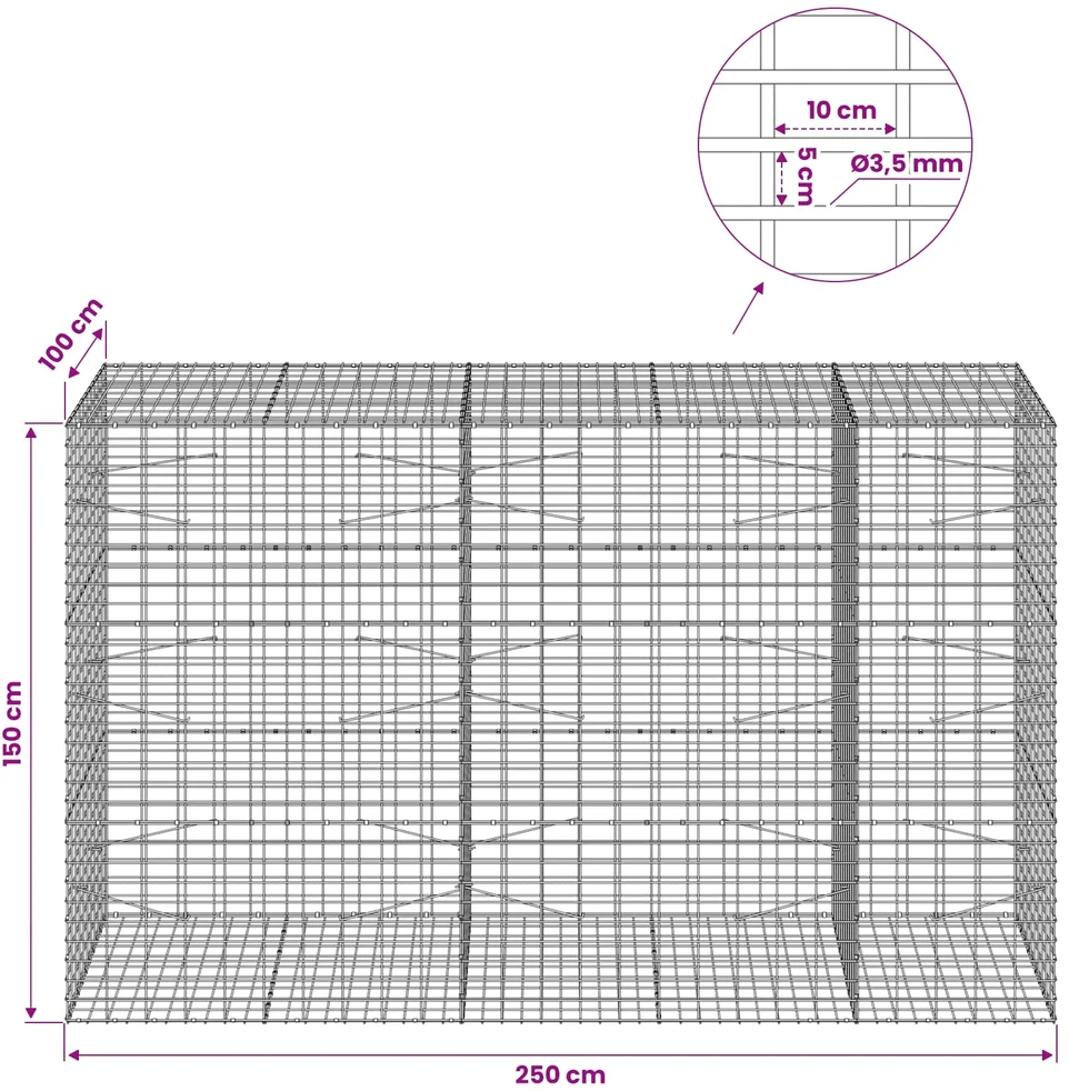Gabionas su 3,5 mm viela ir 5x10 cm tinkleliu 250x100x150 cm