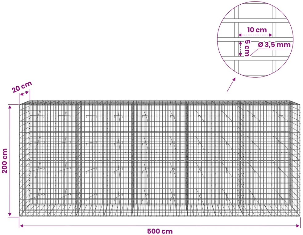 Gabionas su 3,5 mm viela ir 5x10 cm tinkleliu 500x20x200 cm