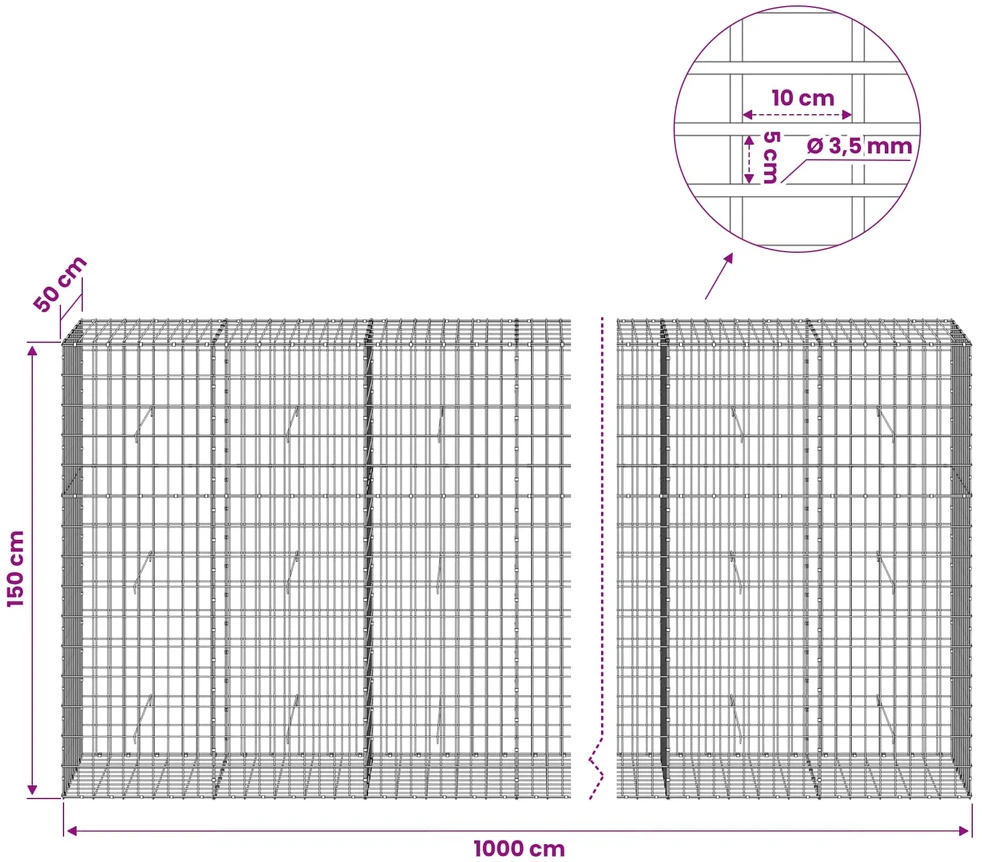 Gabionas su 3,5 mm viela ir 5x10 cm tinkleliu 1000x50x150 cm