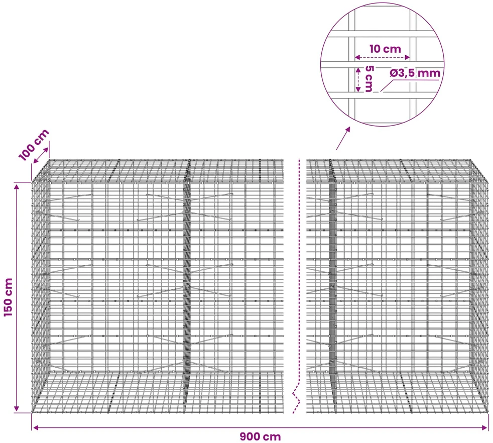 Gabionas su 3,5 mm viela ir 5x10 cm tinkleliu 900x100x150 cm