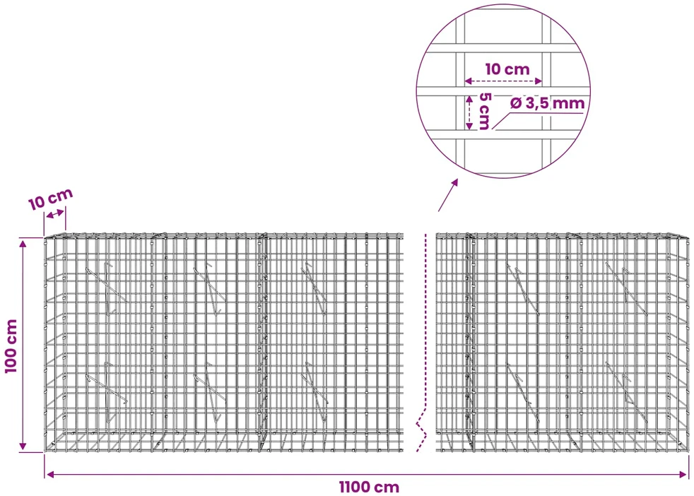 Gabionas su 3,5 mm viela ir 5x10 cm tinkleliu 1100x10x100 cm