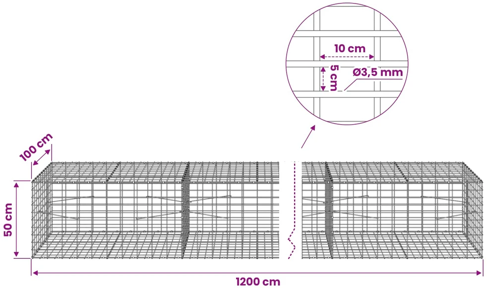 Gabionas su 3,5 mm viela ir 5x10 cm tinkleliu 1200x100x50 cm