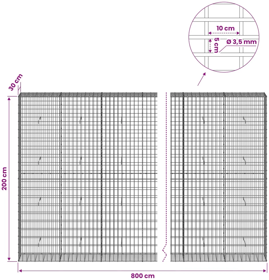 Gabionas su 3,5 mm viela ir 5x10 cm tinkleliu 800x30x200 cm