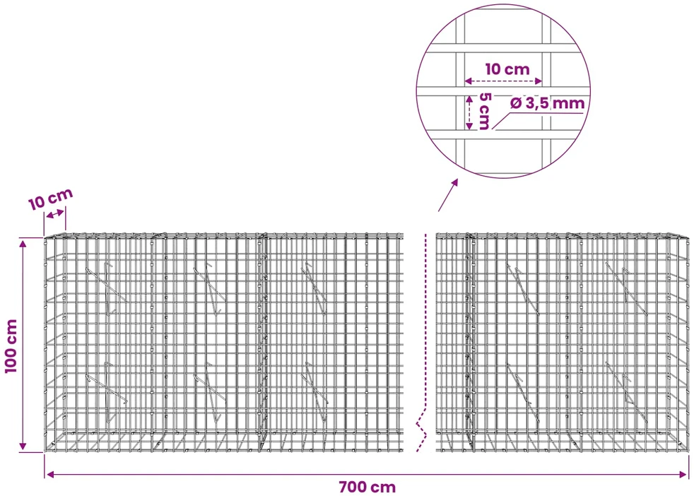 Gabionas su 3,5 mm viela ir 5x10 cm tinkleliu 700x10x100 cm