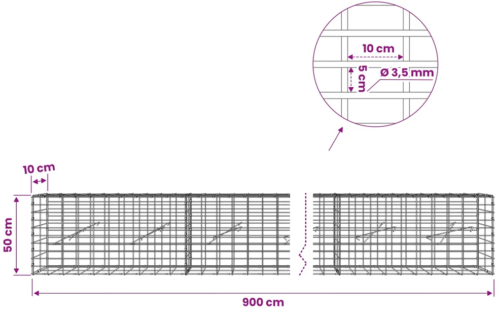 Gabionas su 3,5 mm viela ir 5x10 cm tinkleliu 900x10x50 cm