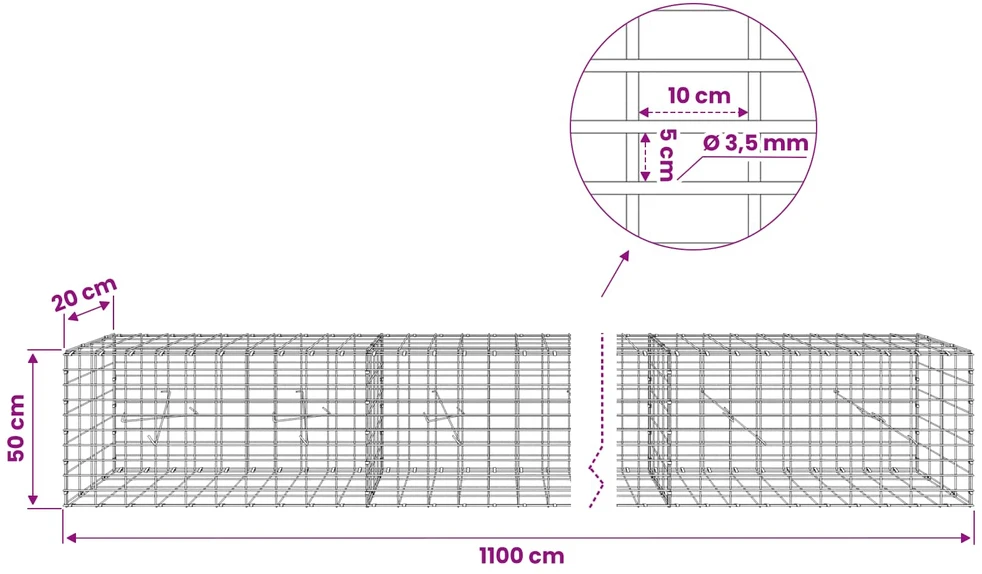 Gabionas su 3,5 mm viela ir 5x10 cm tinkleliu 1100x20x50 cm