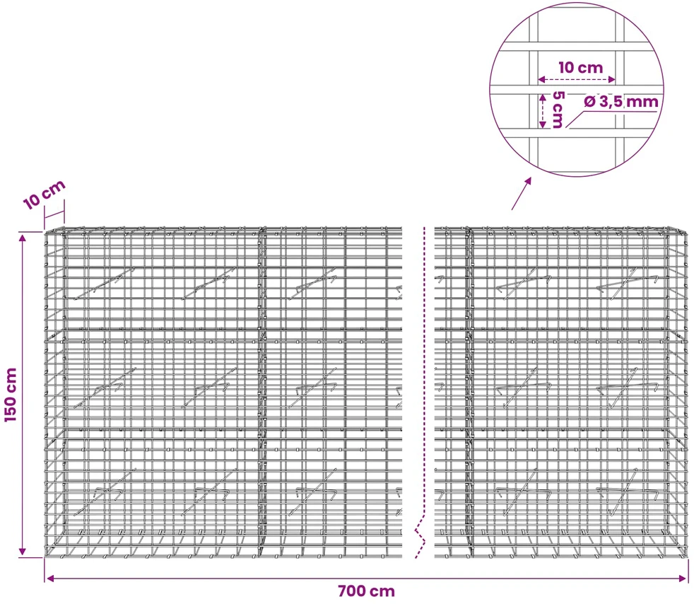 Gabionas su 3,5 mm viela ir 5x10 cm tinkleliu 700x10x150 cm