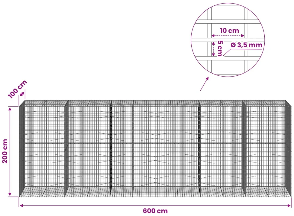 Gabionas su 3,5 mm viela ir 5x10 cm tinkleliu 600x100x200 cm