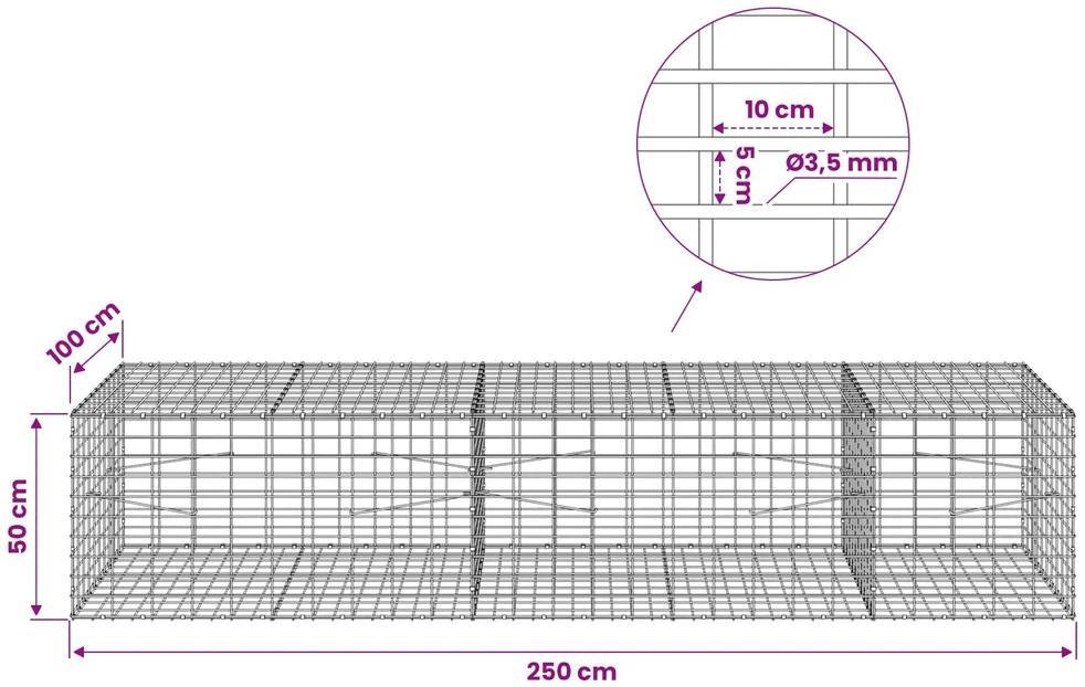 Gabionas su 3,5 mm viela ir 5x10 cm tinkleliu 250x100x50 cm