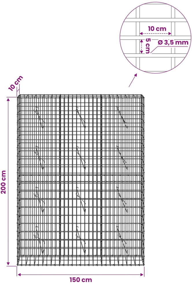 Gabionas su 3,5 mm viela ir 5x10 cm tinkleliu 150x10x200 cm