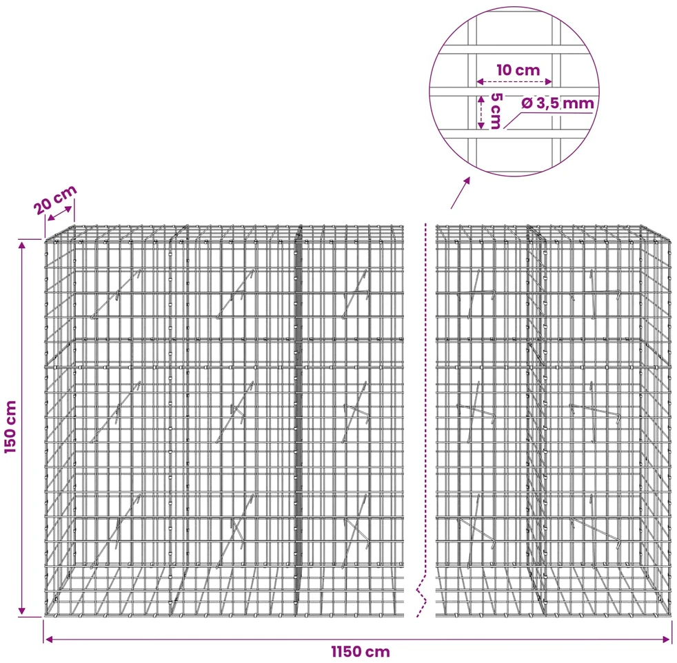 Gabionas su 3,5 mm viela ir 5x10 cm tinkleliu 1150x20x150 cm