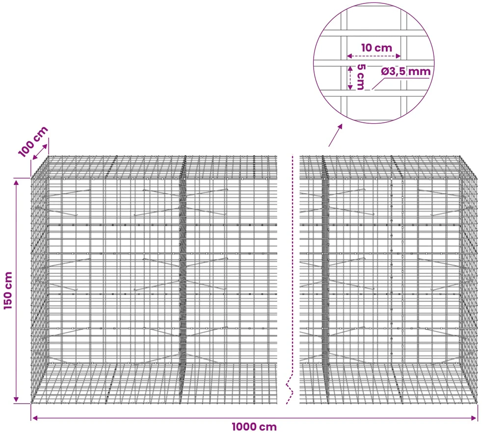 Gabionas su 3,5 mm viela ir 5x10 cm tinkleliu 1000x100x150 cm