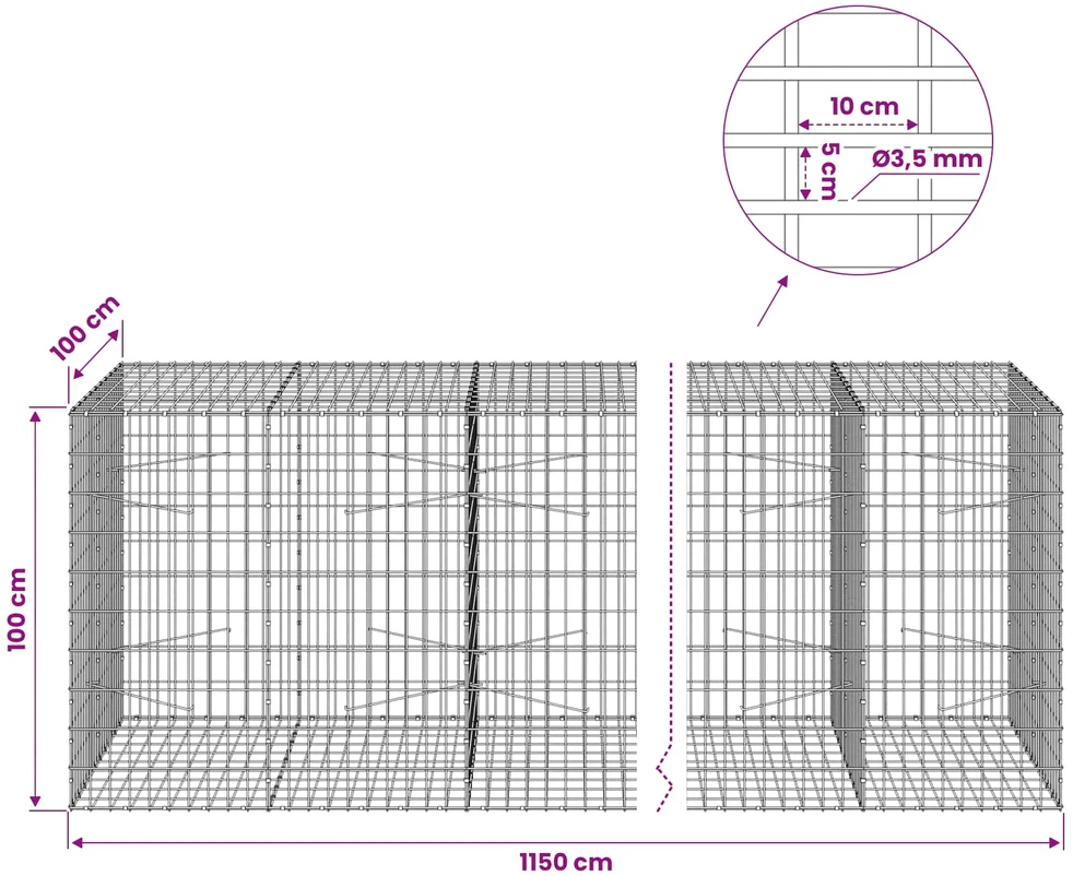 Gabionas su 3,5 mm viela ir 5x10 cm tinkleliu 1150x100x100 cm
