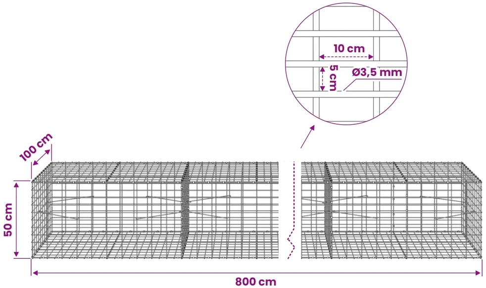 Gabionas su 3,5 mm viela ir 5x10 cm tinkleliu 800x100x50 cm