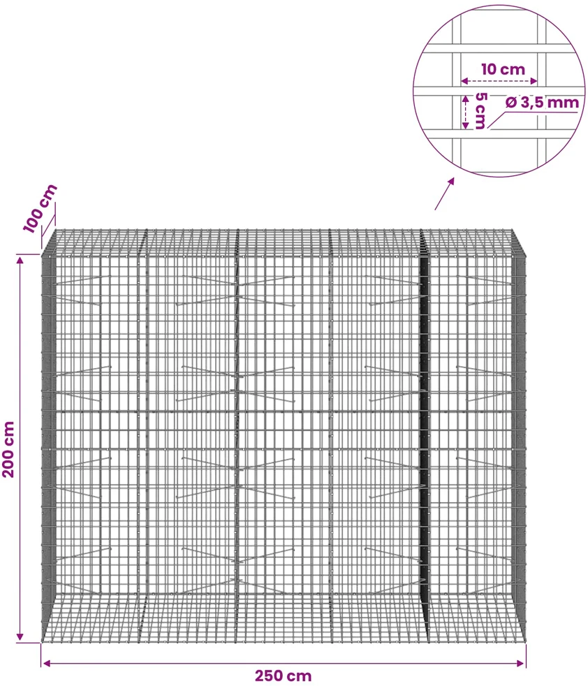 Gabionas su 3,5 mm viela ir 5x10 cm tinkleliu 250x100x200 cm